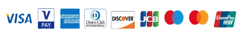 Visa, V Pay, American Express, Diners Club, Discover, JCB, Mastercard y UnionPay
